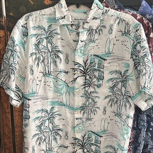 Tommy Bahama Men's Palm Print Shirt - White and Teal linen